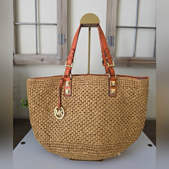 Michael Kors Santorini Raffia Basket Tote Tan Straw Tangerine Leather MK Charm - Picture 11 of 12